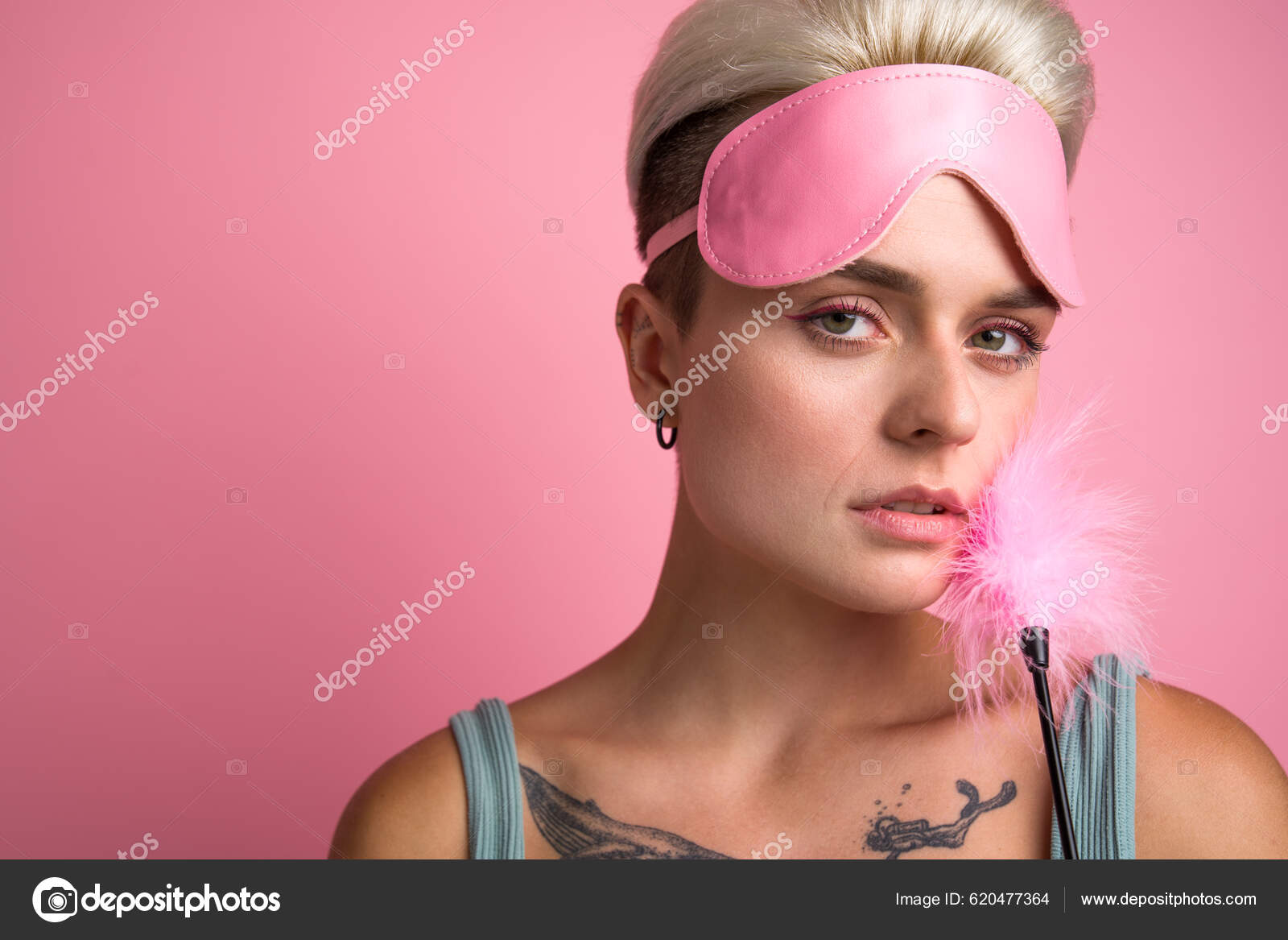 Portrait Sensual Tattooed Woman Wearing Sleep Mask Touching Her Chick Stock Photo by ©iakovenko123 620477364 picture pic