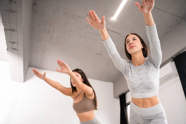 腕を上げて立ち上がるリラックスした女の子の低角度ビューとトレーニングを一緒に 身体活動の概念 ストックフォト — ストック写真