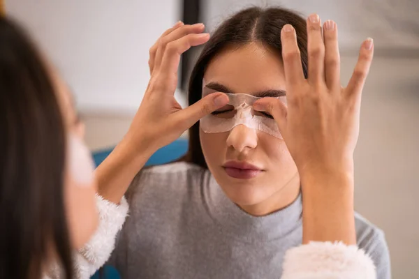 Cropped View Brunette Woman Applying Eye Patches Her Best Friend — Stock Photo, Image