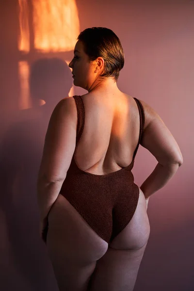 Vista Posterior Mujer Talla Grande Posando Sobre Fondo Estudio Rosa —  Fotos de Stock
