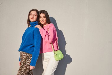 İki esmer kız kameraya poz verirken birbirlerine sarılıyorlar. İnsan yaşam tarzı ve arkadaşlık kavramı