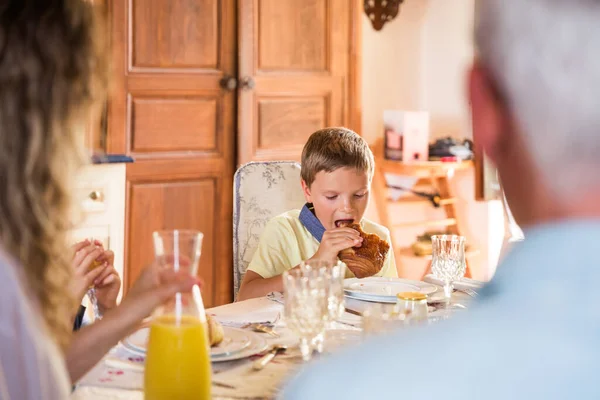 Blonde Beautiful Boy Having Breakfast His Family Kitchen Little Kid — Stock Photo, Image