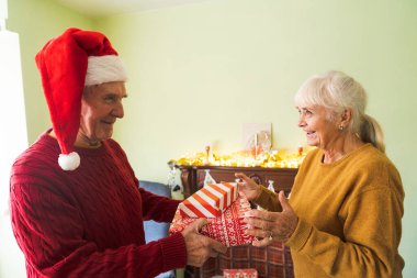 Yaşlı bir çift, Noel süslemeli rahat bir evin arka planına karşılık birbirlerine hediyelerini veriyor. Noel konsepti.