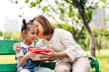 Mutlu aşk portresi Asyalı büyükanne ve küçük tatlı Asyalı kız yaz parkında rahatlayın. Büyük anne ve babası birlikte gülümseyen genç kız. Aile ve beraberlik.