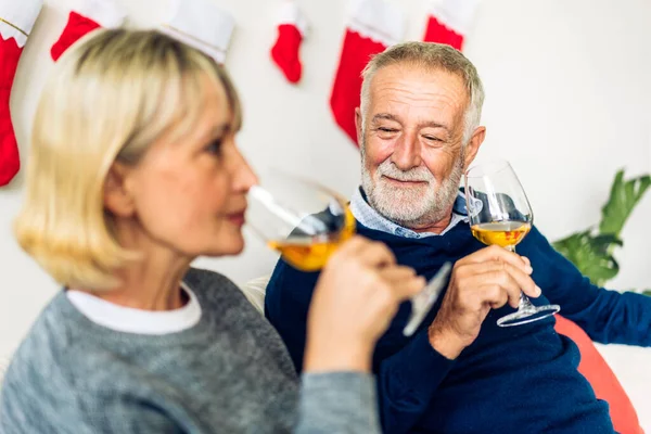 Senior Happy Love Elder Couple Relaxing Talking Together Drinking Wine — Stock Photo, Image