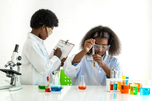 Dois Afro Americanos Bonitinho Menino Menina Estudante Criança Aprender Ciência — Fotografia de Stock