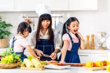 Mutlu bir aşk portresi. Asyalı bir anne ve küçük Asyalı bir kız çocuk. Mutfakta taze sebze salatası ve sandviç malzemesiyle birlikte sağlıklı yemekler pişirmeye yardım ediyorlar.