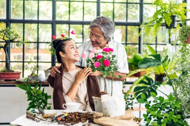 Mutlu bahçıvan yaşlı bir çift bahçedeki küçük ağaçlara bakıyorlar. Emeklilik konsepti.