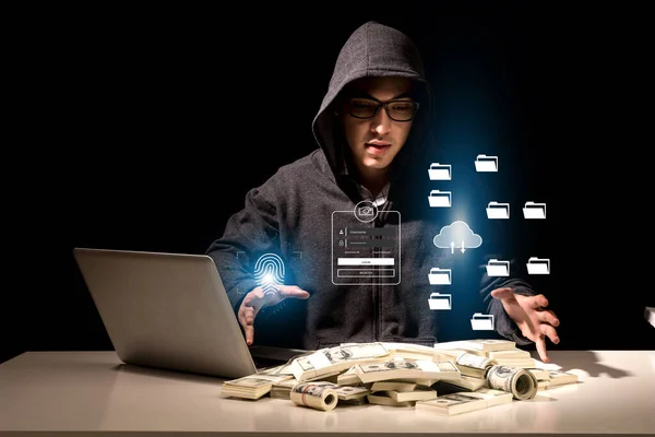 ハッカーのサイバー攻撃スキャナデジタルビジネスパスワードクラウド文書暗い背景にフードでオンラインデータベース技術 — ストック写真