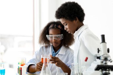 İki Afro-Amerikan tatlı oğlan ve kız öğrenci fen araştırması öğreniyor ve kimya bilimi deneyi yapıyor. Okulda test tüpünde sıvı karışımı yapıyorlar.