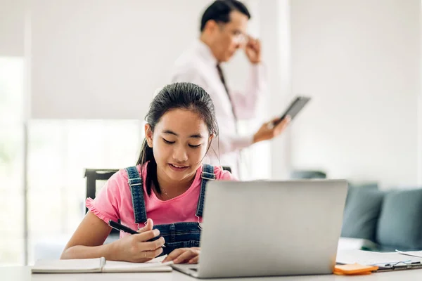 School Kid Little Student Girl Learning Looking Laptop Computer Making — Stock Photo, Image