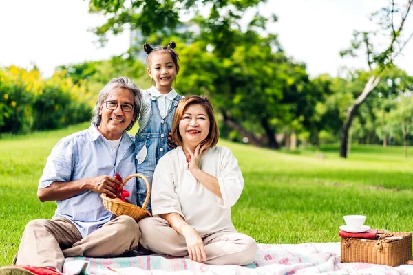 幸せな愛の肖像アジアの祖父と祖母とアジアの小さなかわいい女の子は夏の公園でリラックスをお楽しみください — ストック写真