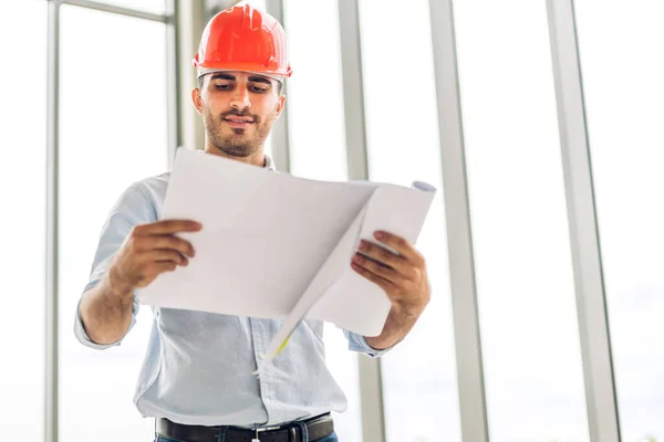 Professional Architect Industrial Engineer Cargo Man Helmet Working New Construction — Stockfoto