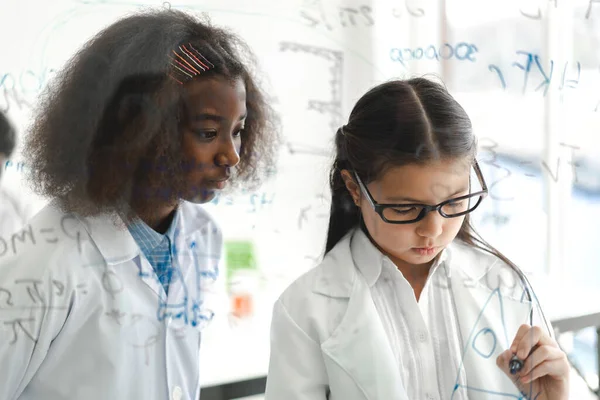 Симпатичные Девчонки Учатся Исследованиям Химическим Экспериментам Пишут Научные Формулы Калькуляторы Лицензионные Стоковые Фото