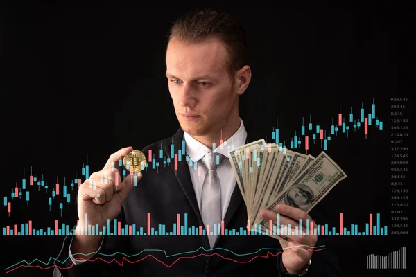 Úspěšný Obchodník Investor Podnikatel Držící Bitcoin Obchodování Graf Peníze Blokového — Stock fotografie