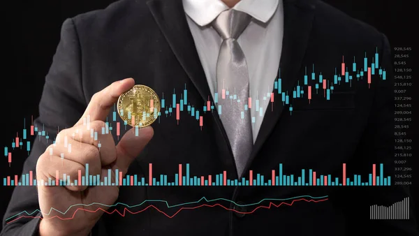 Successful Trader Investor Businessman Holding Bitcoin Trading Graph Money Block — Stock Photo, Image