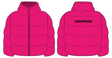 Womens Quilted Puffer jacket design flat sketch Illustration, Down puffa Padded Hooded jacket with front and back view, Soft shell winter jacket for girls and ladies for outerwear in winter. clipart