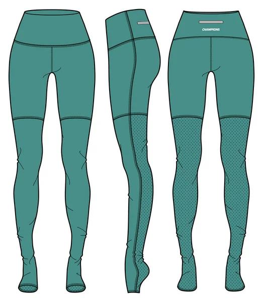 女式露趾紧身裤裤子设计平面草图矢量图解 前后看压缩裤概念 瑜伽紧身衣 健身和主动穿裤子设计 — 图库矢量图片