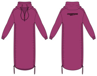 Kadınlar için uzun kuyruk parkası, kapüşonlu süveter tasarımı düz çizim çizimi, önü ve arkası manzaralı yağmurluk, kızlar ve kadınlar için rüzgarlık kışlık ceket.