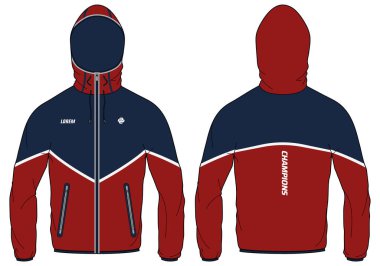 Trail running Windcheater Hoodie jacket design flat sketch Illustration, Hooded windbreaker jacket with front and back view, winter jacket for Men and women. for hiker, outerwear in winter clipart