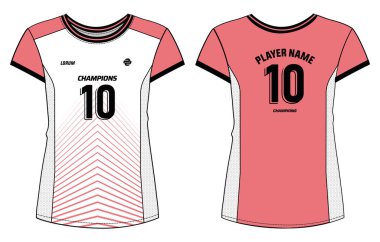 Kadınlar Spor Jersey tişörtü tasarımı düz tasarım illüstrasyon, kız ve bayan voleybol forması, futbol, badminton, futbol ve netbol, spor üniforması takımı için soyut desenli yuvarlak boyun tişörtü