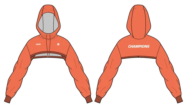 Women Long Sleeve Anorak Cropped Hoodie Jacket Design Flat Sketch — Stock Vector