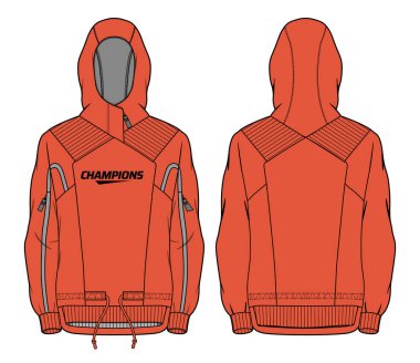 Uzun kollu kapüşonlu kapüşonlu ceket tasarımı düz tasarım illüstrasyon, ön ve arka görüşlü kapüşonlu hizmet ceketi, erkekler ve kadınlar için kışlık ceket. Yürüyüş, dış giyim ve kışın egzersiz için.