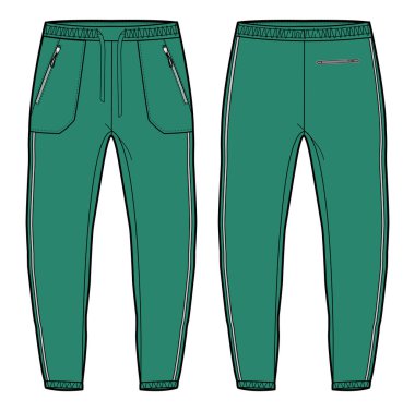 Konik eşofman altı tasarımı düz çizim vektör çizimi, ön ve arka görüşlü eşofman pantolonu konsepti, koşmak, koşmak, spor yapmak, spor yapmak ve aktif pantolon tasarımı için eşofman..