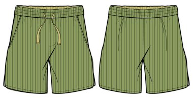 Keten giysi şortu düz çizim vektör illüstrasyonu, ön ve arka görüşlü günlük şort konsepti, basılı bermuda şortu tasarım çizimi