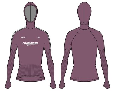 Kadınların uzun kollu sıkıştırma taban tabakası kapüşonlu üst t-shirt düz çizim tasarım çizimi, dar üst tasarım vektör şablonu, etkin sıkıştırma üst konsepti ön ve arka görüş