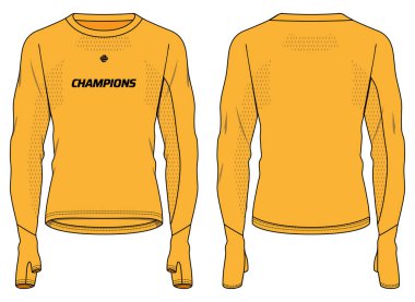 Uzun kollu sıkıştırma, başparmak deliği tasarımı düz çizim, spor forması etkin sıkıştırma üst konsepti ön ve arka görünümü olan taban katman tişörtü çalıştırıyor.