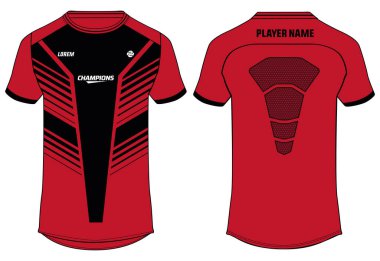 Spor forması tasarımı düz çizim çizimi çizimi, çizgili soyut baskılı yuvarlak boyun futbol forması konsepti Cricket, futbol, voleybol ve badminton forma takımı için ön ve arka görüş