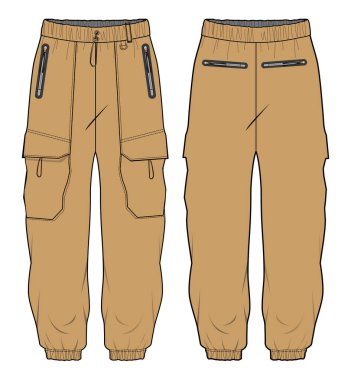 Kargo Koşucusu alt pantalonu düz çizim vektör çizimi, ön ve arka görüşlü kamu pantolonu konsepti, koşmak, koşmak, spor yapmak ve aktif pantolon tasarımı için eşofman altı.