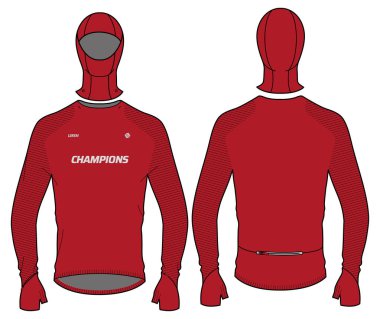 Uzun kollu sıkıştırma başparmak deliği ve Hood yüz kapağı tasarımı düz çizim çizimi, spor forması etkin sıkıştırma üst konsepti ön ve arka görüş