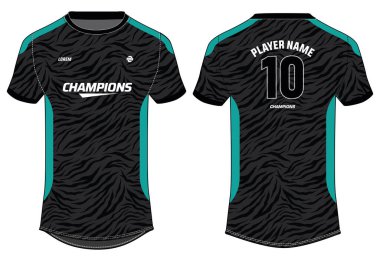 Sports jersey t shirt design flat sketch illustration, Tiger skin printed Round neck football jersey concept with front and back view for Cricket, soccer, Volleyball and badminton uniform kit