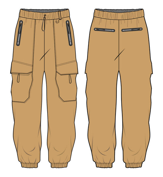 Cargo Jogger bottom Pants design flat sketch vector illustration, Utility pockets pants concept with front and back view, Sweatpants for running, jogging, fitness, and active wear pants design.