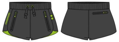 Retro Run Trail Shorts forma tasarımı düz tasarım İllüstrasyon, Atletik Kısa şort konsepti etkin giyim şortlarının takibi için ön ve arka görünümü ile birlikte.