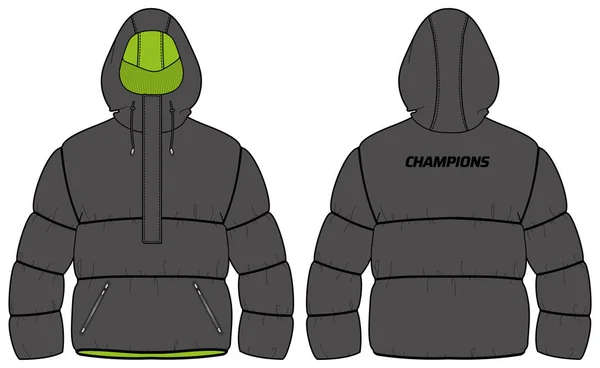 Puffa Hoodie Jacket Design Flat Sketch Εικονογράφηση Quilted Puffer Padded — Διανυσματικό Αρχείο