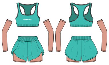 Kadınlar için iki parça Koşu seti spor sutyen üstlü, sıkıştırma taytlı şortlu ve kol kollu el kapağı tasarımlı düz çizim tasarımı kızlar ve kadınlar için yoga ve spor salonu için uygun illüstrasyon