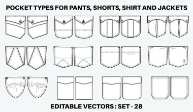 Kot pantolon ve kot yama düz çizim vektör çizim seti, kot pantolon cebi, kol kolu, kargo pantolonu, elbiseler, giysi, giysi ve aksesuarlar için farklı tipte kıyafet paketleri.