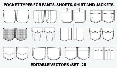 Kot pantolon ve kot yama düz çizim vektör çizim seti, kot pantolon cebi, kol kolu, kargo pantolonu, elbiseler, giysi, giysi ve aksesuarlar için farklı tipte kıyafet paketleri.