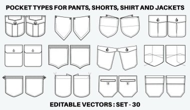 Kot pantolon ve kot yama düz çizim vektör çizim seti, kot pantolon cebi, kol kolu, kargo pantolonu, elbiseler, giysi, giysi ve aksesuarlar için farklı tipte kıyafet paketleri.