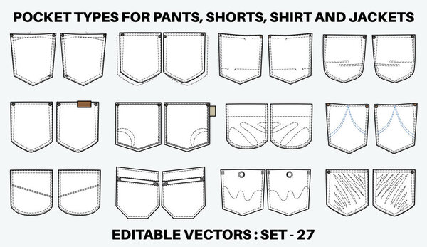 Джинсы и джинсы Пластырь карман плоский набросок вектор иллюстрации набор, различные виды одежды Карманы для джинсов карман, рукав руку, грузовые брюки, платья, сумки, одежда, одежда и аксессуары
