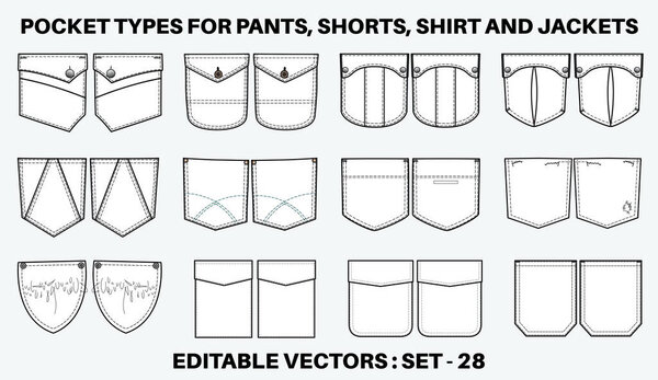 Джинсы и джинсы Пластырь карман плоский набросок вектор иллюстрации набор, различные виды одежды Карманы для джинсов карман, рукав руку, грузовые брюки, платья, сумки, одежда, одежда и аксессуары