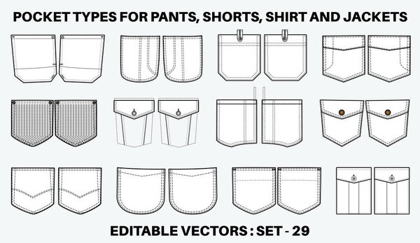 Джинсы и джинсы Пластырь карман плоский набросок вектор иллюстрации набор, различные виды одежды Карманы для джинсов карман, рукав руку, грузовые брюки, платья, сумки, одежда, одежда и аксессуары