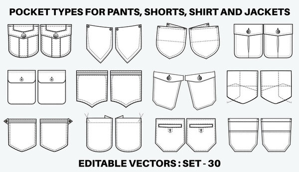 Джинсы и джинсы Пластырь карман плоский набросок вектор иллюстрации набор, различные виды одежды Карманы для джинсов карман, рукав руку, грузовые брюки, платья, сумки, одежда, одежда и аксессуары