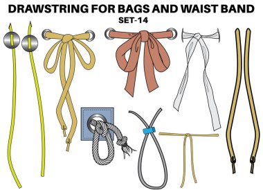 Drawstring cord flat sketch vector illustrator. Set of bow knot Draw string with aglets for Waist band, bags, shoes, jackets, Shorts, Pants, dress garments, Drawcord for Clothing to pulled or tighten clipart