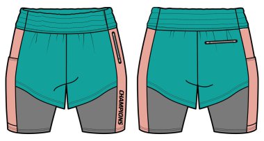 Sıkıştırılmış taytlı kadın atletik koşu şortu şortu kızlar ve bayanlar için düz skeç tasarımı, izleme giysisi için ön ve arka görüşlü atletik şort konsepti.