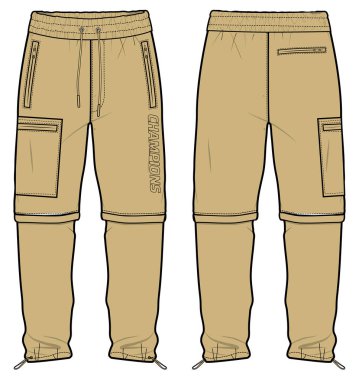 Ayrışabilir eşofman altı çizimi düz çizim vektör illüstrasyonu, ön ve arka görüşlü günlük kargo pantolonu konsepti, koşmak, koşmak, spor yapmak, spor yapmak ve aktif pantolon tasarımı..