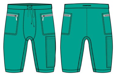 Sıkıştırma taytı Şort tasarımı düz çizim vektör illüstrasyonu, Bisiklet Şortu konsepti bisiklet, egzersiz ve etkin giyim şortu tasarımı için ön ve arka görüş konsepti.